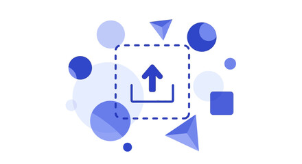 Abstract geometric shapes and icons illustrating the concept of uploading and data transfer in a digital space
