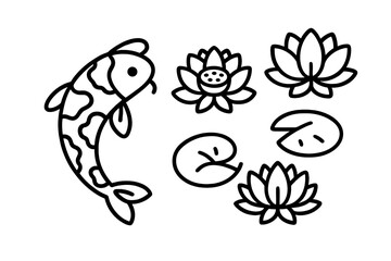 Stylized traditional Asian pond elements set with koi fish and lotus blossoms