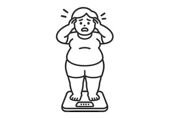 Overweight person standing on a weighing scale reacting with shock and disappointment