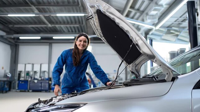 Woman mechanic standing near car hood. Female auto technician in uniform. Professional worker at repair workshop. Automotive service industry expert. Confident technician beside vehicle engine.