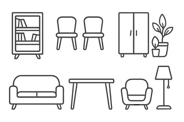 Minimalist outline style elements representing various household furnishings and interior design