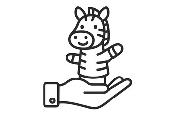 Naklejka premium Simple black and white drawing of a friendly striped zebra hand puppet held gently in a human palm