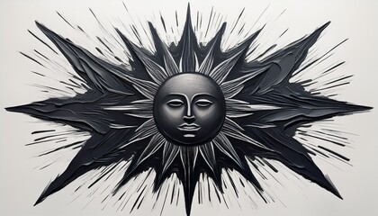 abstract conceptual representation of a dark sun with radiant brushstroke rays on a white background