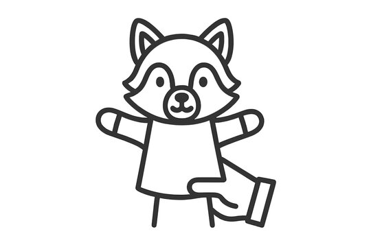 Minimalist black and white line art of a cute raccoon animal hand puppet operated by a human hand