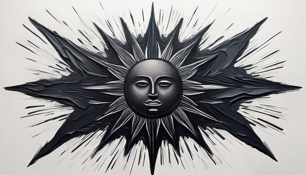 abstract conceptual representation of a dark sun with radiant brushstroke rays on a white background