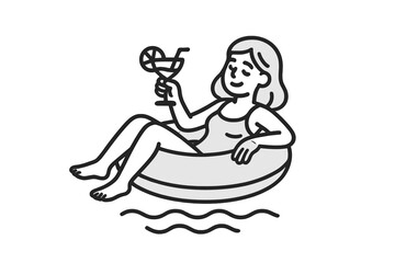 Smiling woman relaxing on a swimming tube enjoying a summer holiday beverage