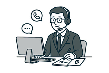 Call center employee wearing a headset and glasses providing online technical support