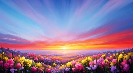 Naklejka premium Vibrant wildflower meadow at sunset with colorful sky nature