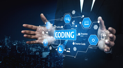 A professional developer showcases a virtual coding interface, featuring icons representing various aspects of technology and innovation against a city backdrop. Tessel