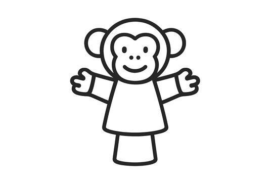 Smiling monkey hand puppet outline with arms outstretched black and white