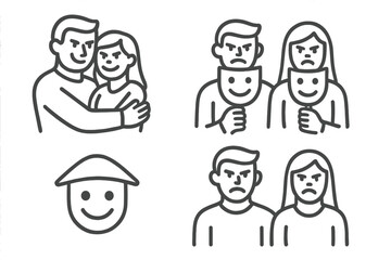 Line icons representing emotional states, relationships, and hidden feelings behind masks