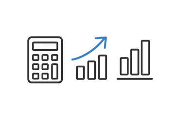 Financial calculation and business growth symbols: calculator and rising bar charts with an upward arrow