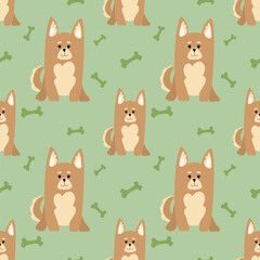 Cute doggies seamless pattern. Pet objects and dogs isolated on bright background. Seamless pattern with cartoon corgi dogs and bones, dog food .Vector.Design for packaging of products and dog food.