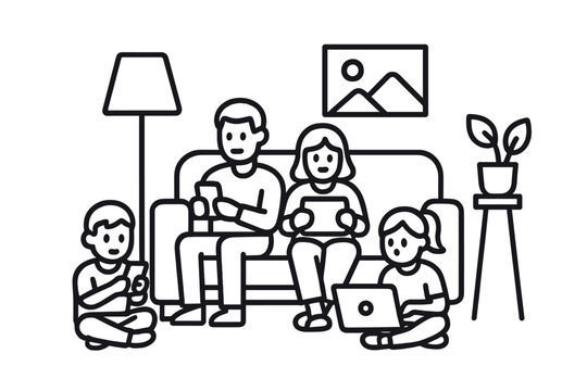 Family sitting together in the living room using various digital devices and gadgets