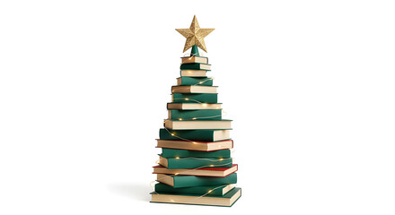 A unique book-themed Christmas tree, perfect for literary and cozy holiday concepts.