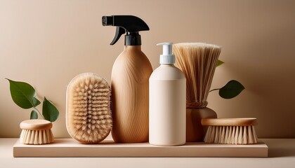 a minimalist still life composition featuring eco friendly cleaning supplies including a spray bottle sponge and brushes arranged on a neutral beige background
