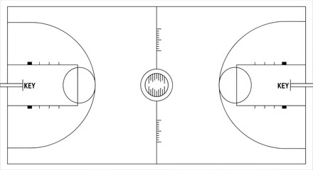 Detailed black and white line art illustration of a full basketball court layout, showcasing regulation markings for professional and amateur play, perfect for sports diagrams. © jannat Stock