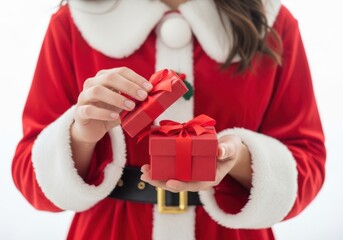 Woman in santa claus costume opening a red gift box with a ribbon