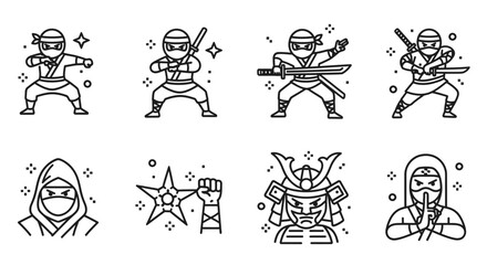 Set of Ninja and Samurai Icons Martial Arts, Combat, and Warrior Symbols