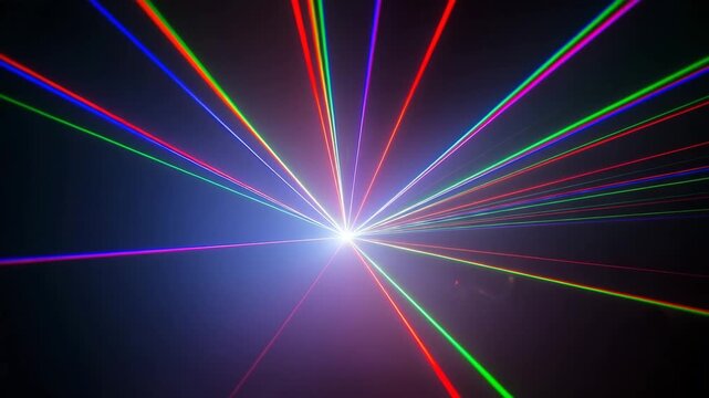 Colorful laser lights creating patterns in a dark space  , Laser lights on dark stage, camera orbits around beams, vibrant glow and energetic mood