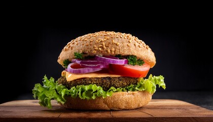 a veggie burger with lettuce tomato and onion on a wooden board against a black background