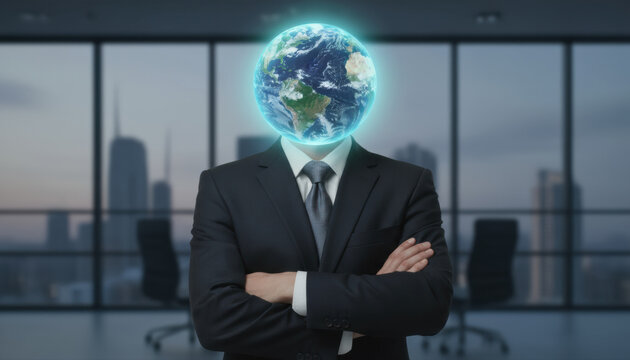 A businessperson dressed in a suit stands with arms crossed in a contemporary office. A glowing globe replaces their head, symbolizing global thinking. The office has large windows with a city view