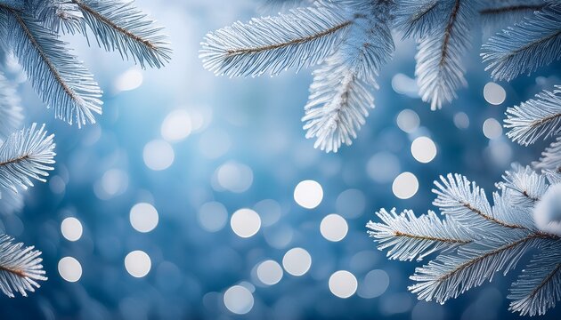 frosty fir boughs frame a soft outoffocus bluegray backdrop sprinkled with light small bokeh dots