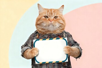 Obraz premium Chat roux humoristique tenant une pancarte vierge pour passer son annonce, sur fond pastel - Funny ginger cat holding a blank sign on pastel background