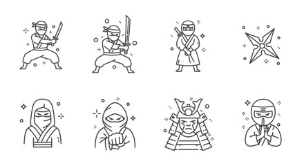 Set of eight stylized icons representing ninjas in various poses, ideal for graphic design and digital projects