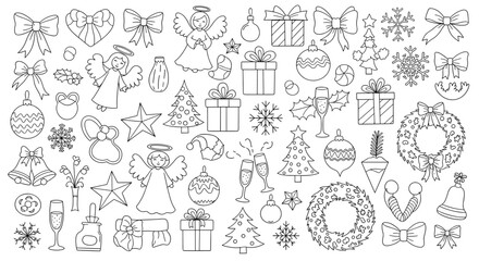Festive holiday outline vector collection featuring christmas trees, angels, gift boxes, snowflakes, wreaths, bows, and new year celebration symbols.
