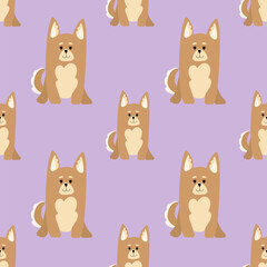 Cute doggies seamless pattern. Pet objects and dogs isolated on bright purple background. Seamless pattern with cartoon corgi dogs .Vector.Design for packaging of products and dog food.