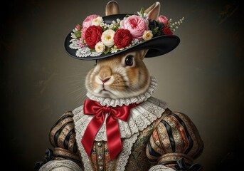 A regal rabbit dressed in historical attire, complete with a widebrimmed hat adorned with vibrant flowers and a striking red bow, presented in a formal portrait style