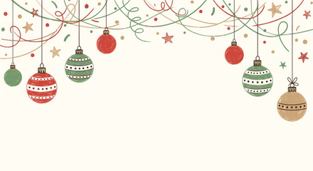 Hand-drawn festive christmas ornaments, colorful baubles, stars, and playful confetti forming a whimsical holiday border on a light background, offering ample copy space.