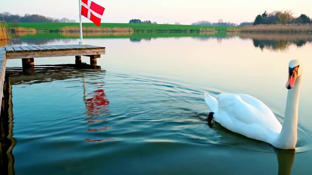 Mute swan swimming gracefully near wooden dock with Danish flag on calm lake. National bird of Denmark in serene waterside scene evoking national pride and natural beauty concept.