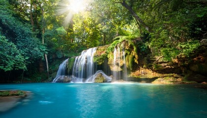 serene waterfall cascading into turquoise pool surrounded by lush green forest and sun rays
