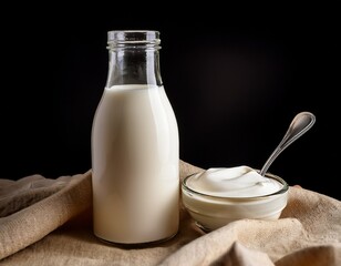 milk in a glass bottle rests beside a spoon of cream on a beige cloth against a black background