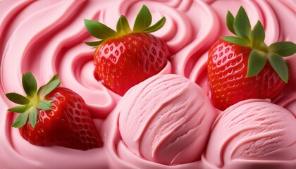 close up of the texture of pink creamy ice cream with strawberries