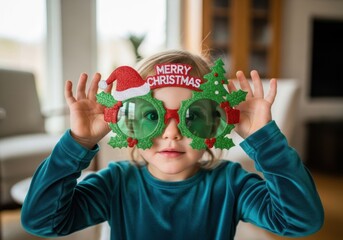 A young child wearing festive christmas glasses and a santa hat, smiling and looking at the camera with a joyful expression, celebrating the holiday season indoors