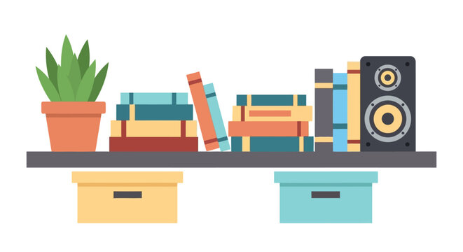 A bookshelf filled with books and a speaker, with storage boxes underneath