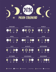 2026 Lunar Calendar Poster. Monthly moon phases. Vertical format. Dark Background.