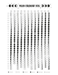 2026 Lunar Calendar with the Moon phases along each day of the year 2026. Vertical format. White Background.