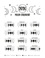 2026 Lunar Calendar Poster. Monthly moon phases. Vertical format. White Background.