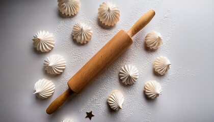 overhead view rolling pin cookies meringues flour on white surface