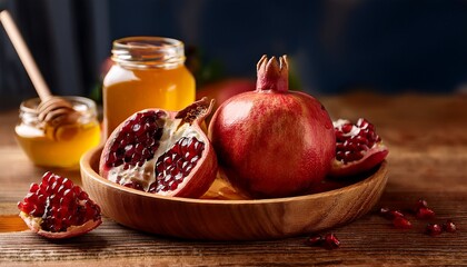 close up photo of a wooden bowl filled with fresh pomegranates and a jar of honey on rustic wooden