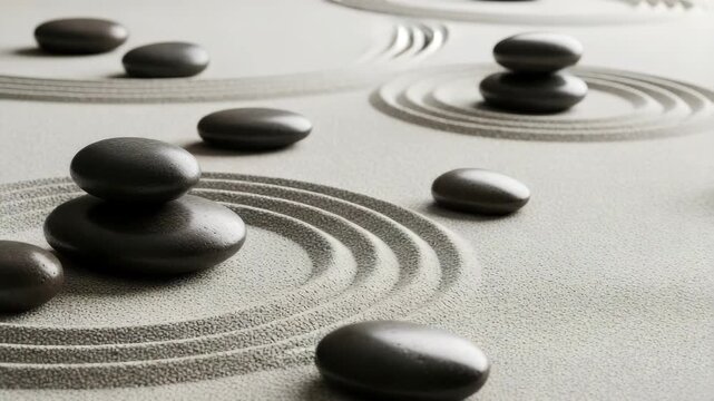 Zen garden with black stones arranged on smooth textured sand,   Smooth river stones on zen sand, camera slowly pans, meditative atmosphere and muted tones 