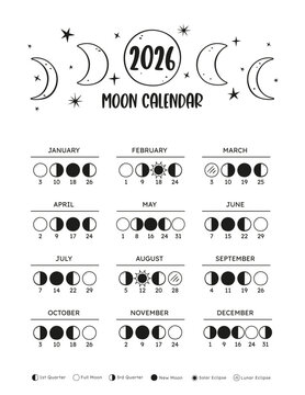 2026 Lunar Calendar Poster. Monthly moon phases. Vertical format. White Background.