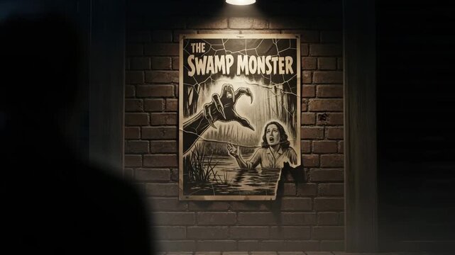 Vintage movie poster of Swamp Monster with dramatic lighting , , camera zooms in, shadowy atmosphere and sense of fear - Powered by Adobe