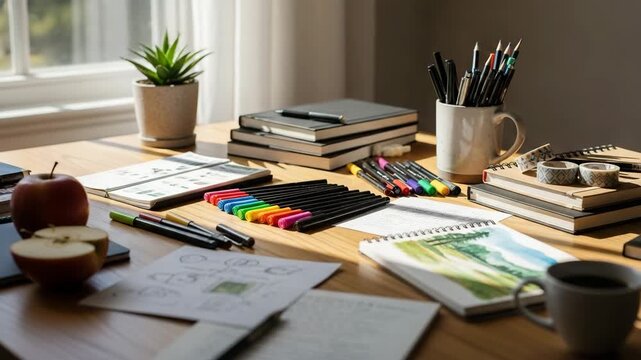Home workspace with notebooks, pens, and coffee on wooden desk,   Brush pens and stationery scattered on a desk, camera slowly pans, soft morning light and creative energy