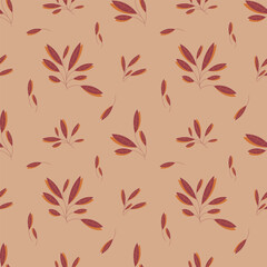 Modern seamless pattern with wild floral elements. Seamless pattern with a floral pattern with autumn leaves in warm colors. Hand-drawn vector sketch illustration in doodle style. Wallpaper, Scrapbook