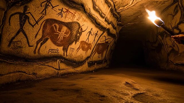 Ancient cave paintings depicting animals and human figures in darkness , camera moves forward, torchlight and historic atmosphere, the torch flame is shining 